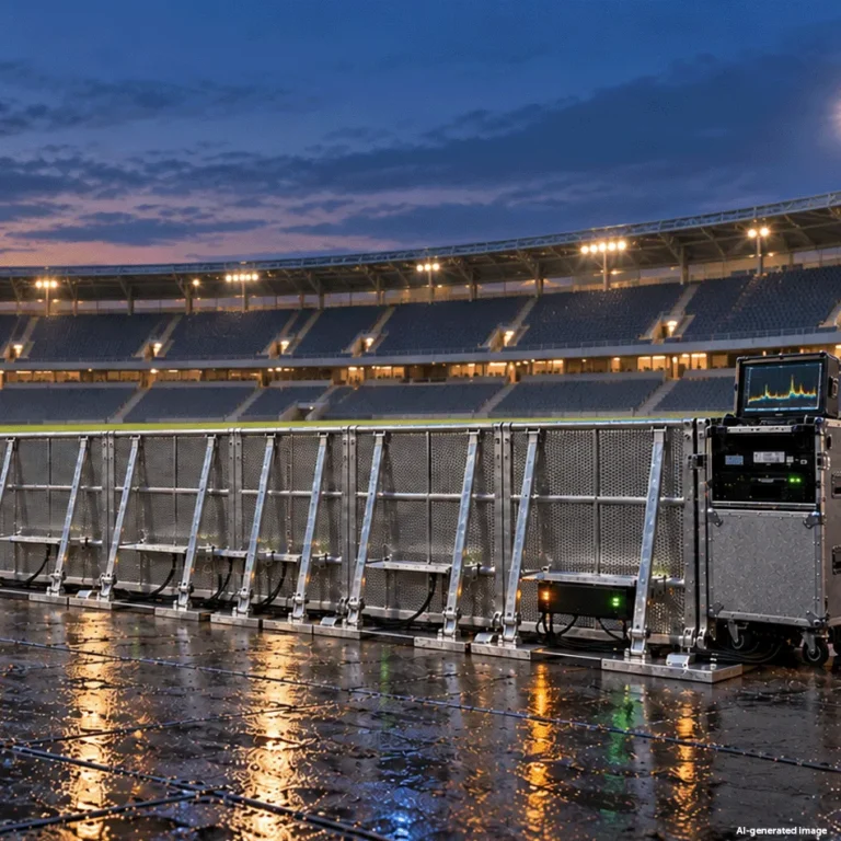 Illustration (AI-generated): Barrier Load Monitor System (BLMS) on a Mojo Barrier line in a stadium