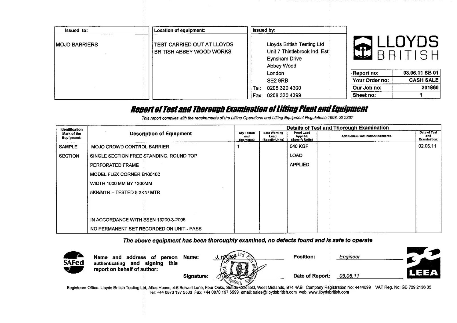 Lloyd's British Testing test document: Mojo Flex Corner