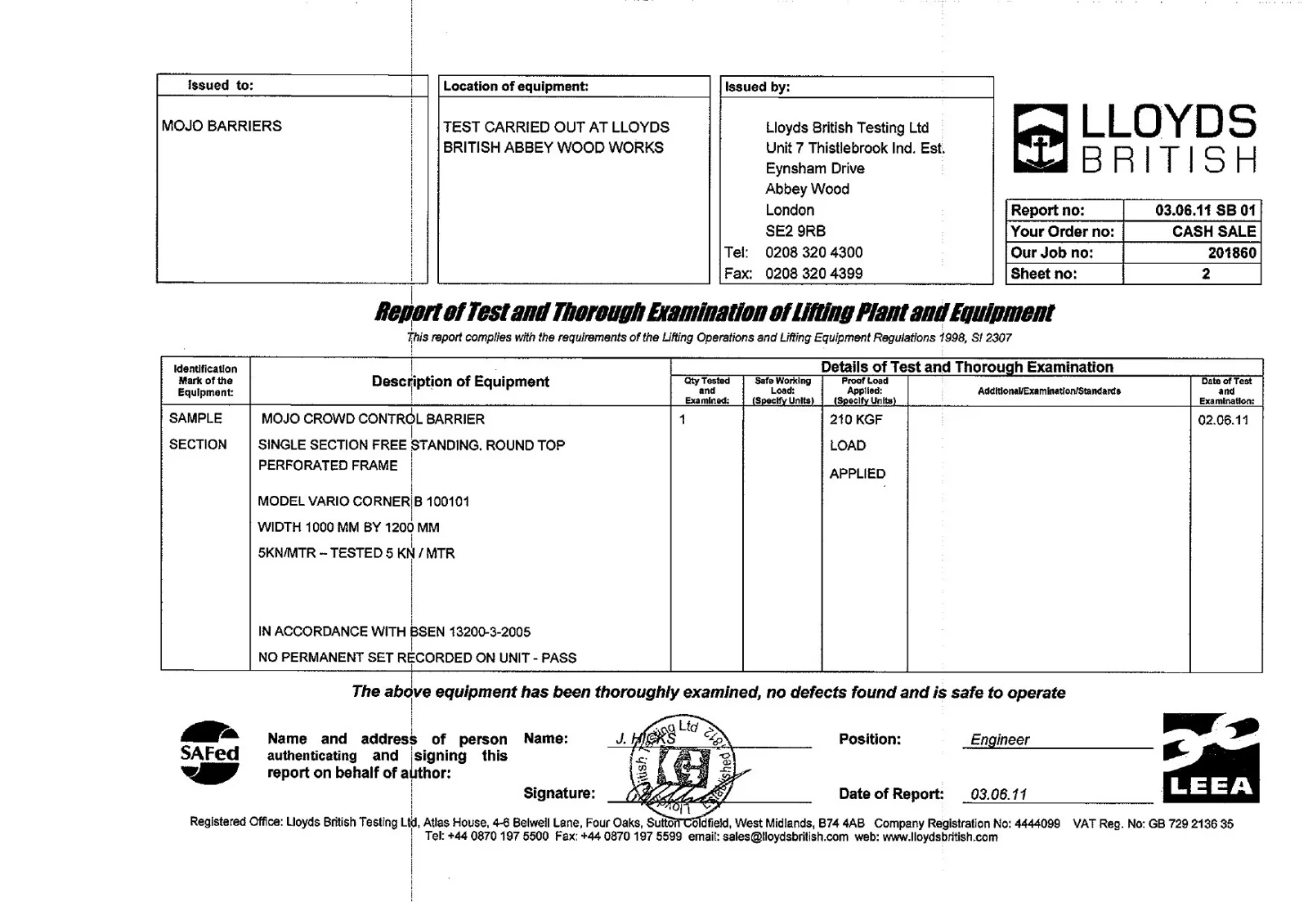 Lloyd's British Testing test document: Mojo Vario Corner