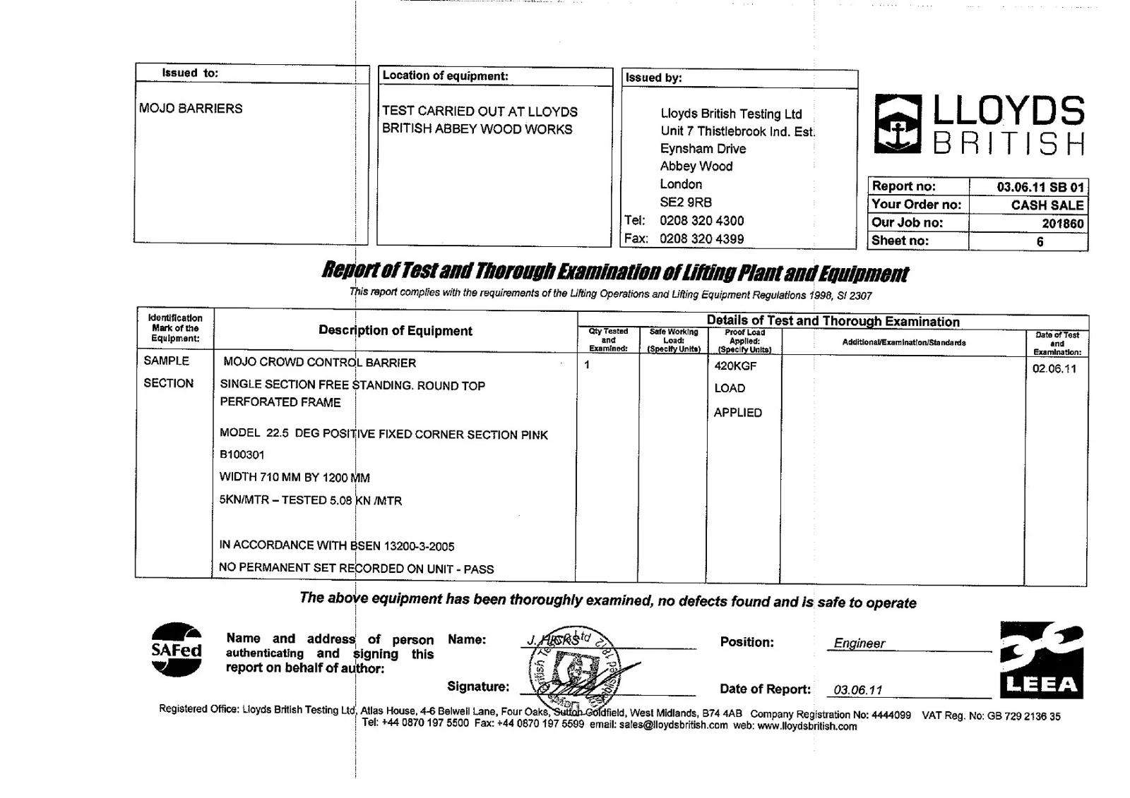 Lloyd's British Testing certificate: Mojo 22.5° positive corner
