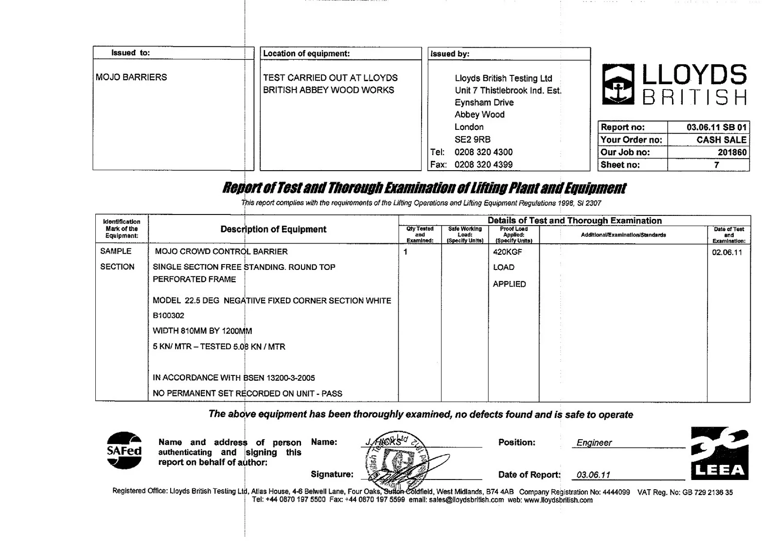 Lloyd's British Testing certificate: Mojo 22.5° negative corner
