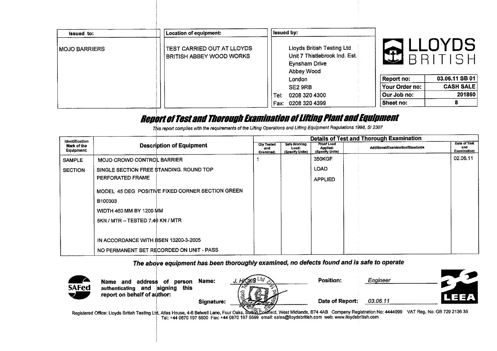 Lloyd's British Testing certificate: Mojo 45° positive corner