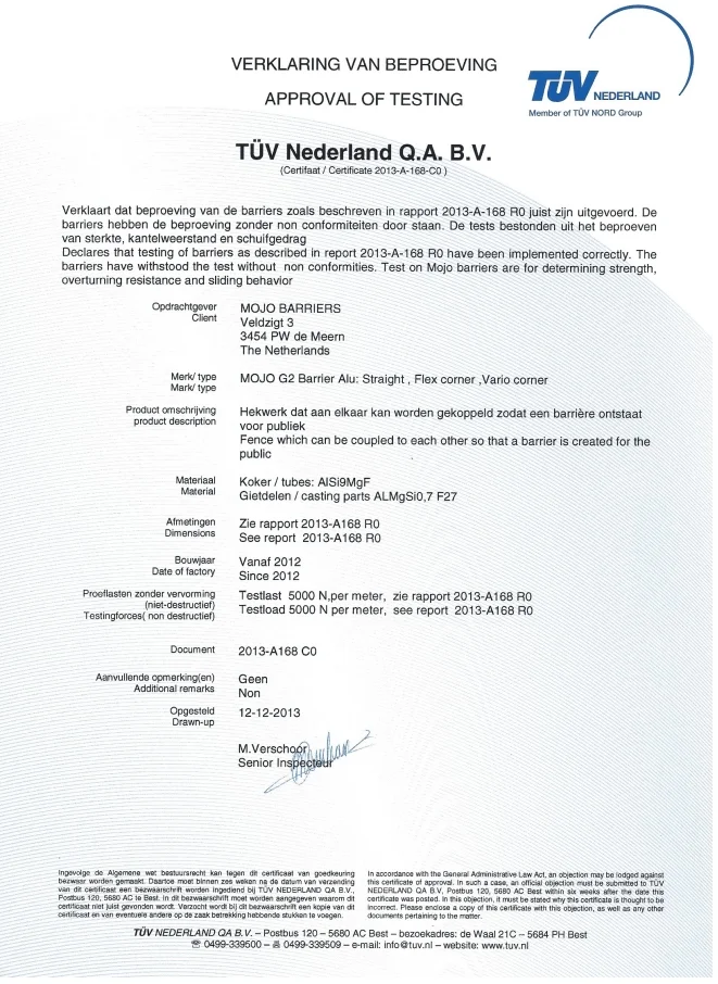 TÜV Nederland certificate: Mojo Aluminium barriers, 2013-A-168-C0