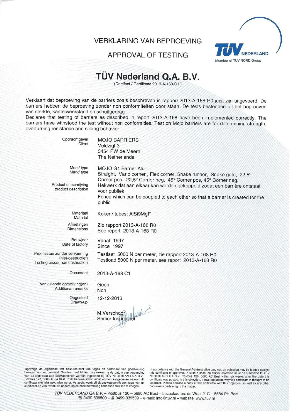 TÜV Nederland certificate: Mojo Aluminium barriers, 2013-A-168-C1