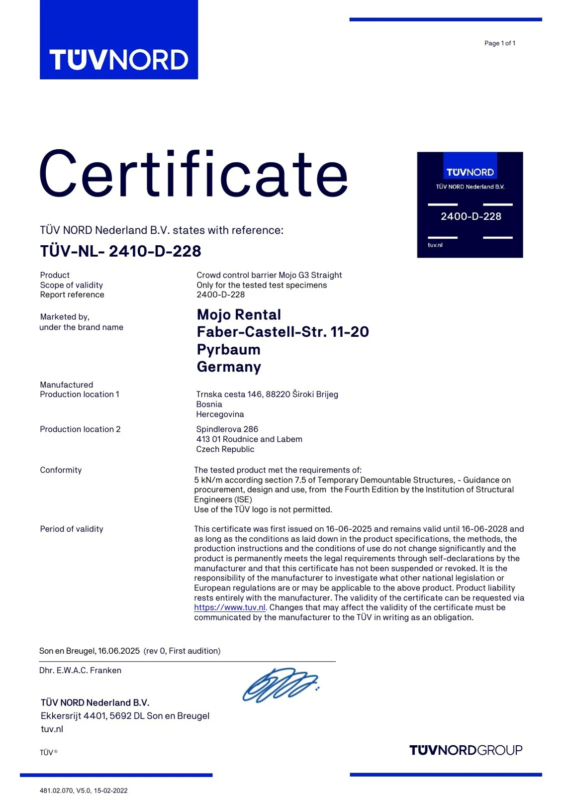 TÜV NORD Nederland certificate: Mojo Straight Section