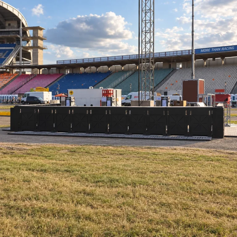 Row of black Mojo Bar Barriers in front of a grandstand