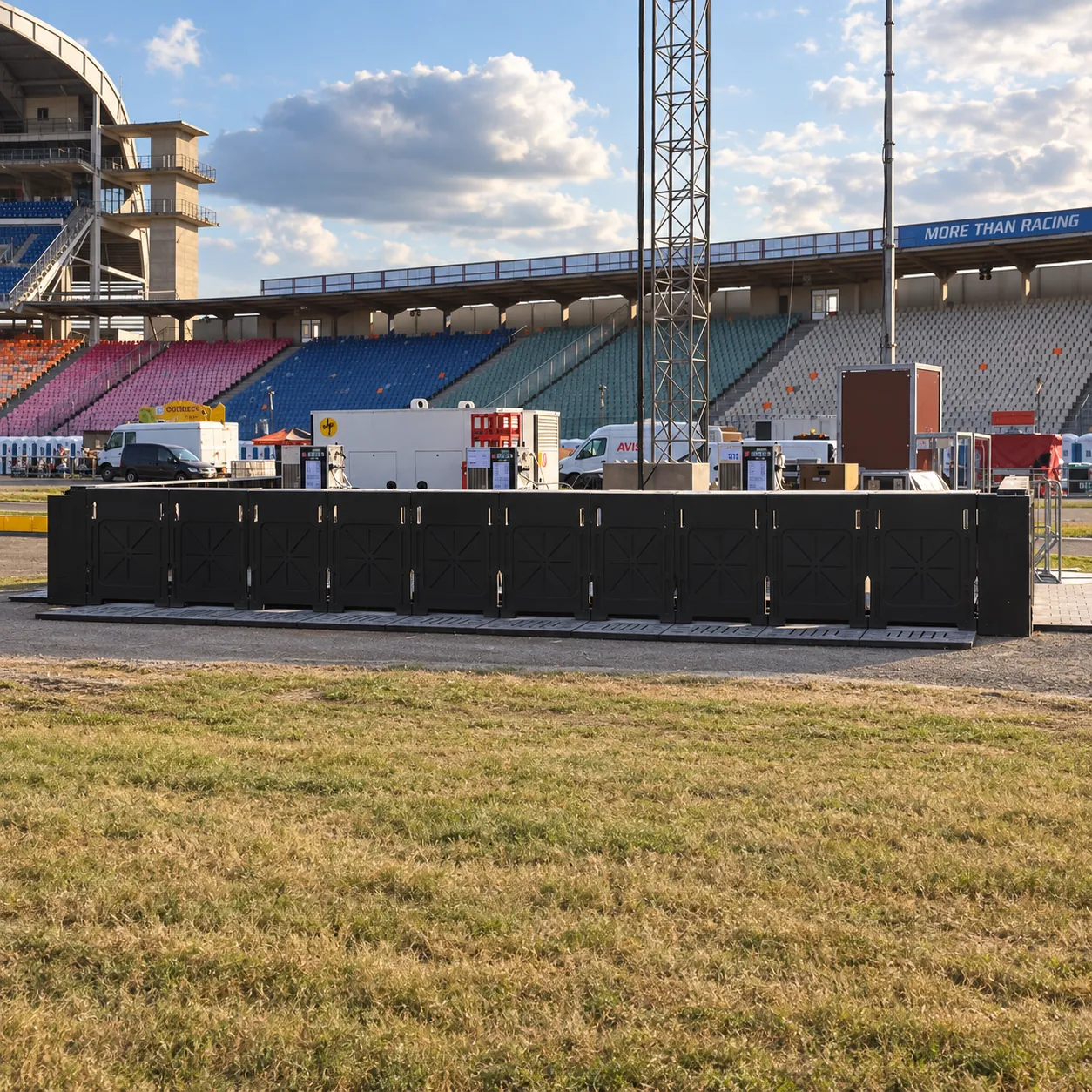 Row of black Mojo Bar Barriers in front of a grandstand