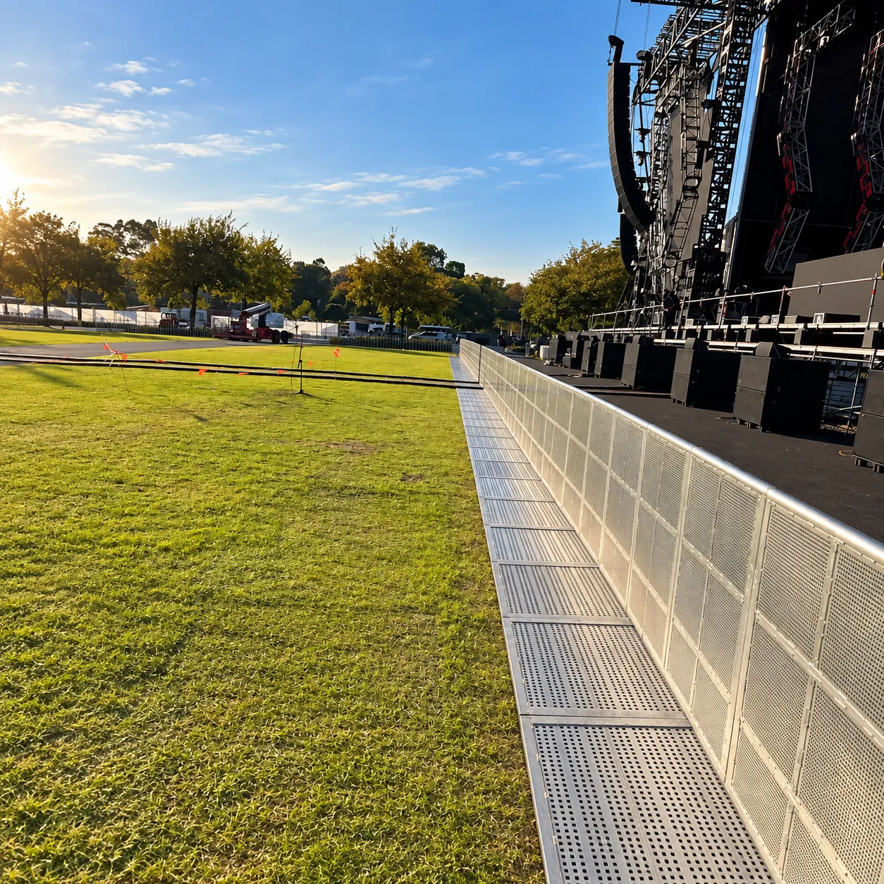 Aluminium Mojo front-of-stage barrier line on grass in morning light