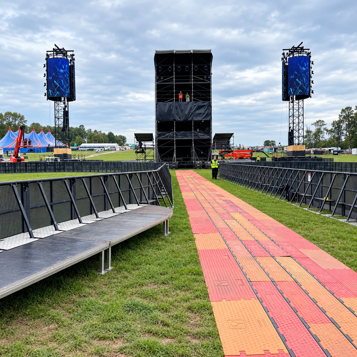 Two black Mojo Barrier lines forming a walkway on a festival field