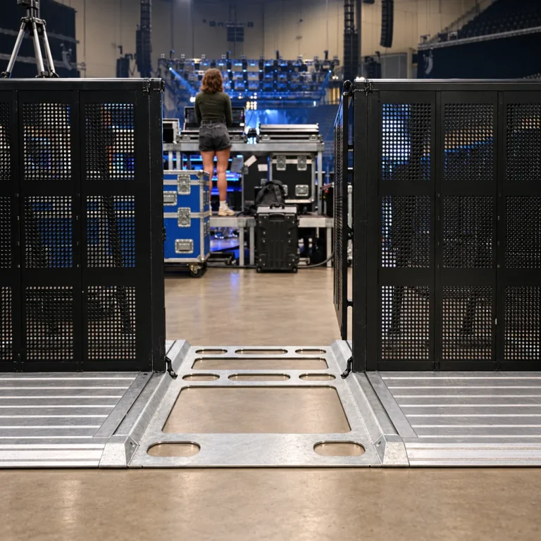 Open Mojo Barrier Cable Gate in a black barrier line on an arena floor