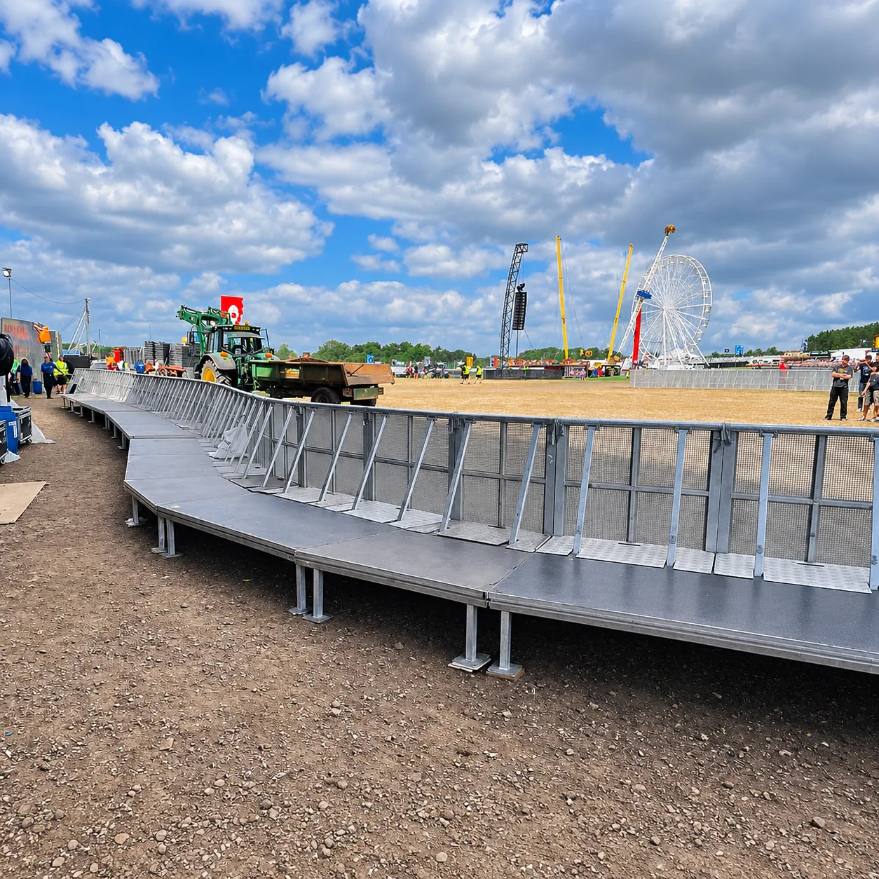 Aluminium Mojo Barrier line with an elevated walkway behind it on a festival site