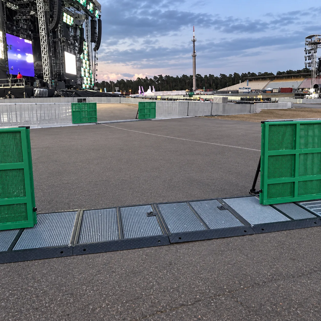 Mojo Mega Exit with green doors on a festival site