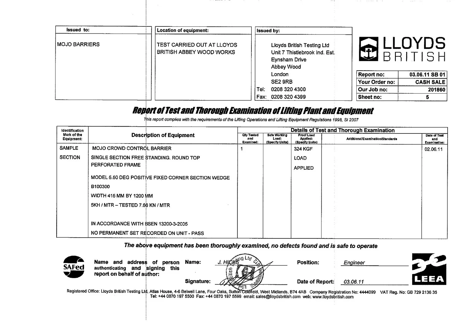 Lloyd's British Testing certificate 03.06.11 SB 01, sheet 5, 5.5&deg; positive corner wedge, 2011