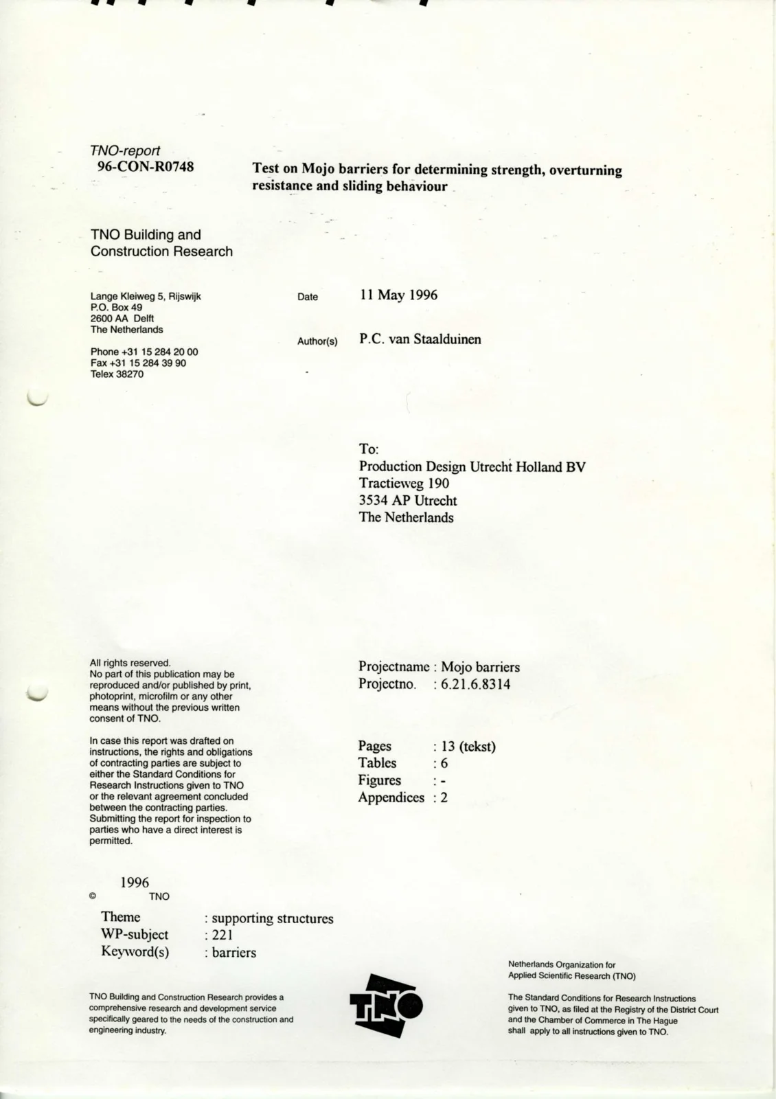 TNO test report 96-CON-R0748, steel Mojo Barrier, 1996, cover page