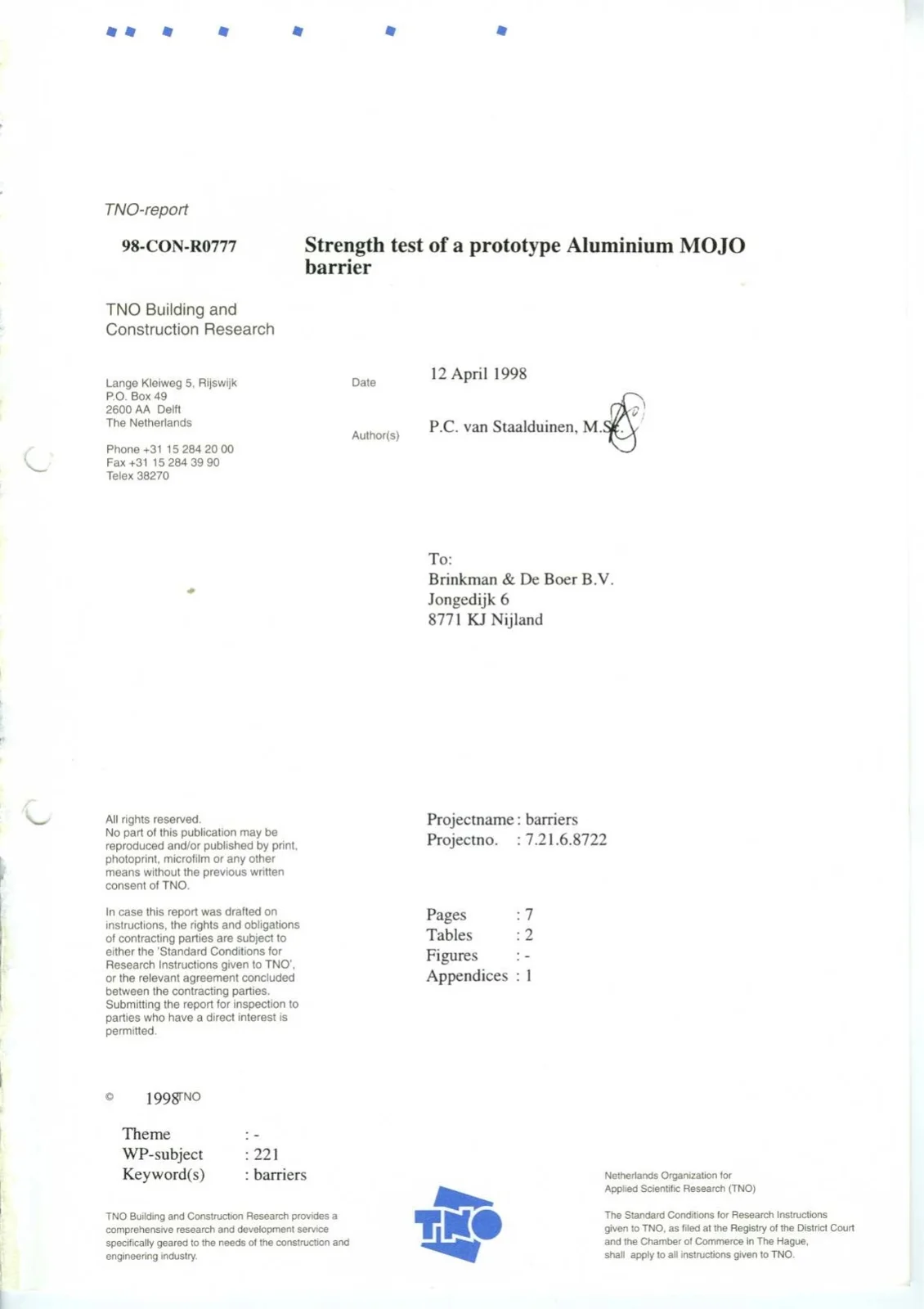 TNO test report 98-CON-R0777, aluminium prototype Mojo Barrier, 1998, cover page
