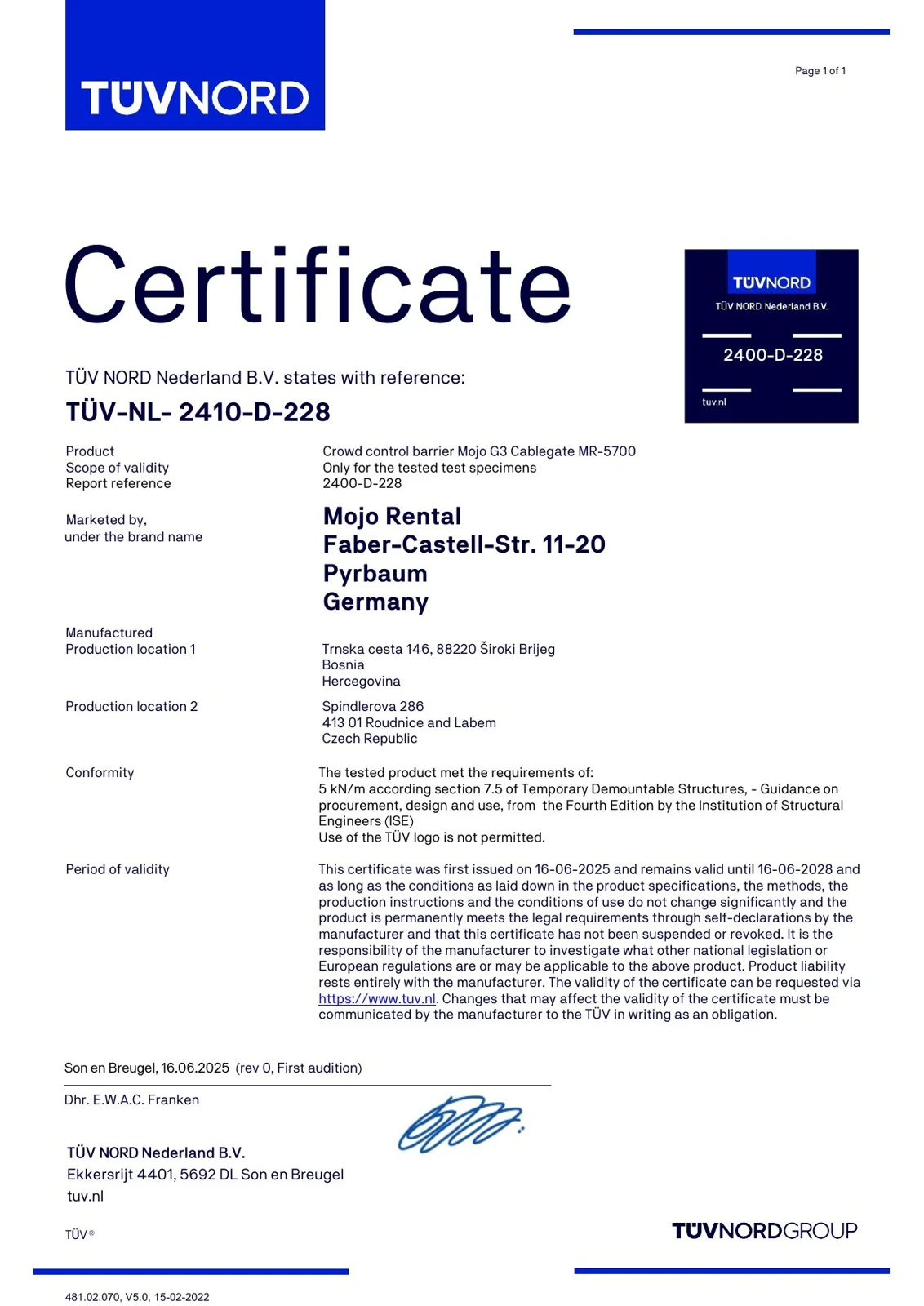 T&Uuml;V NORD certificate T&Uuml;V-NL-2410-D-228, Mojo G3 Cablegate, 2025