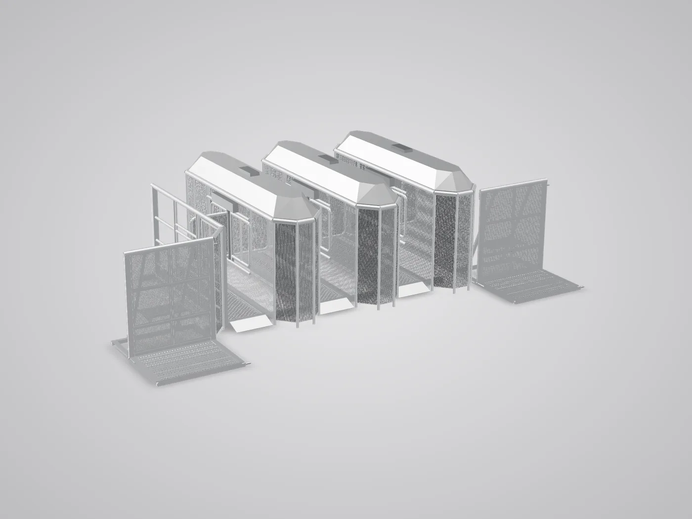3D view: Gatekeeper lanes in a row between Mojo barriers