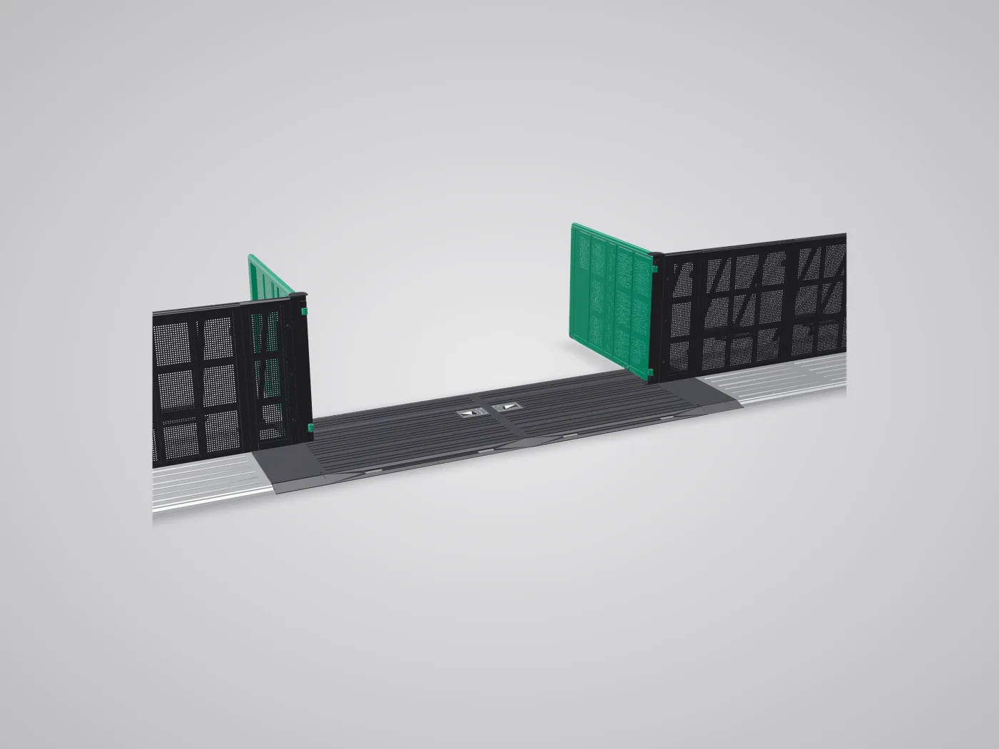3D view: Mega Exit in a barrier line with both doors open