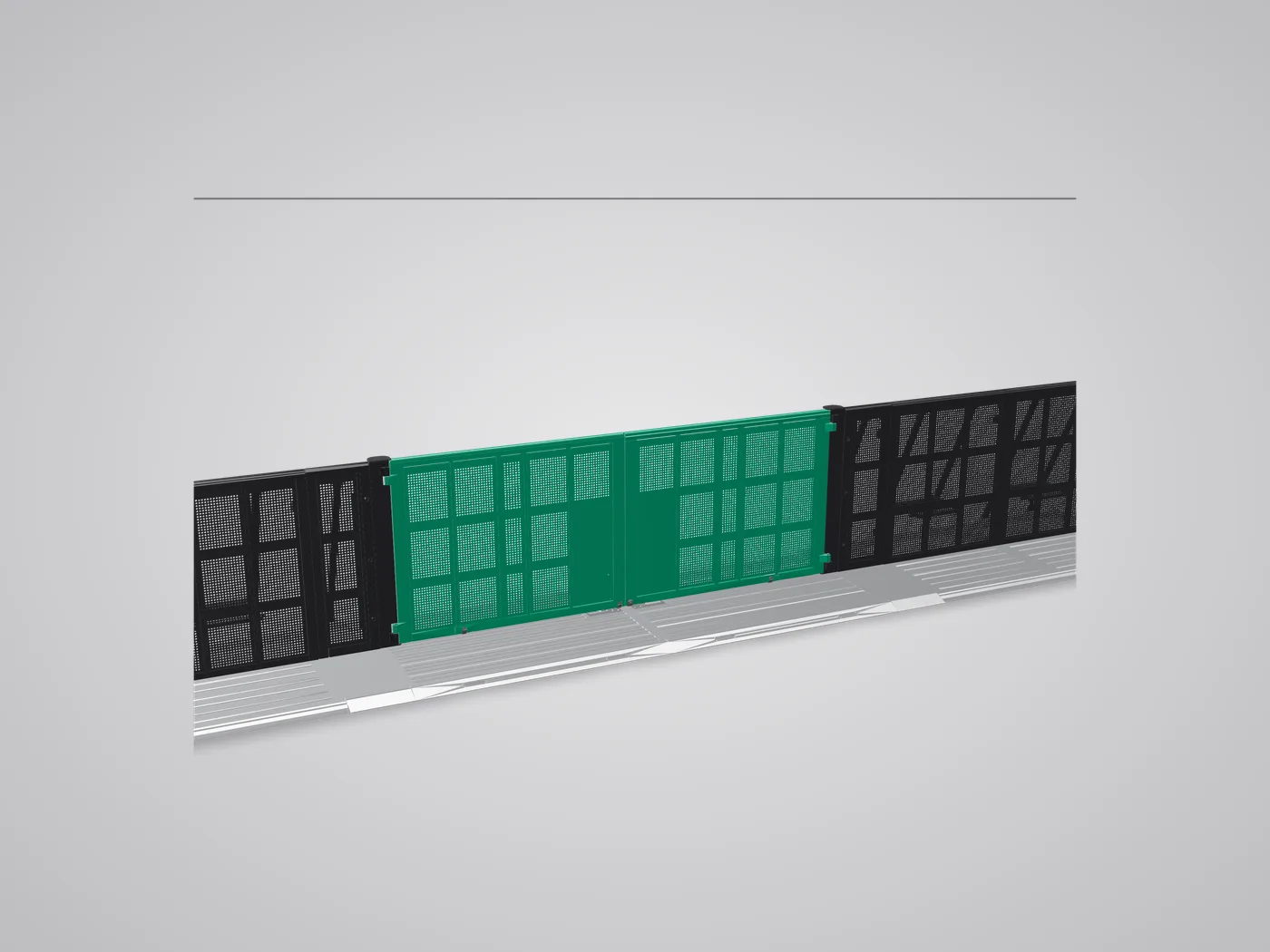 3D view: Mega Exit in a barrier line with silver floor plates