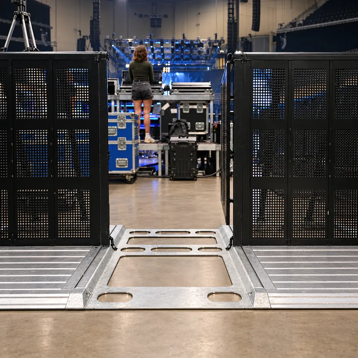 Open Mojo Barrier Cable Gate in a black barrier line on an arena floor