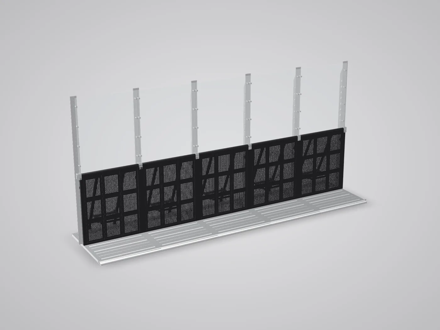 3D view: line of Mojo High Fence sections with clear upper panels