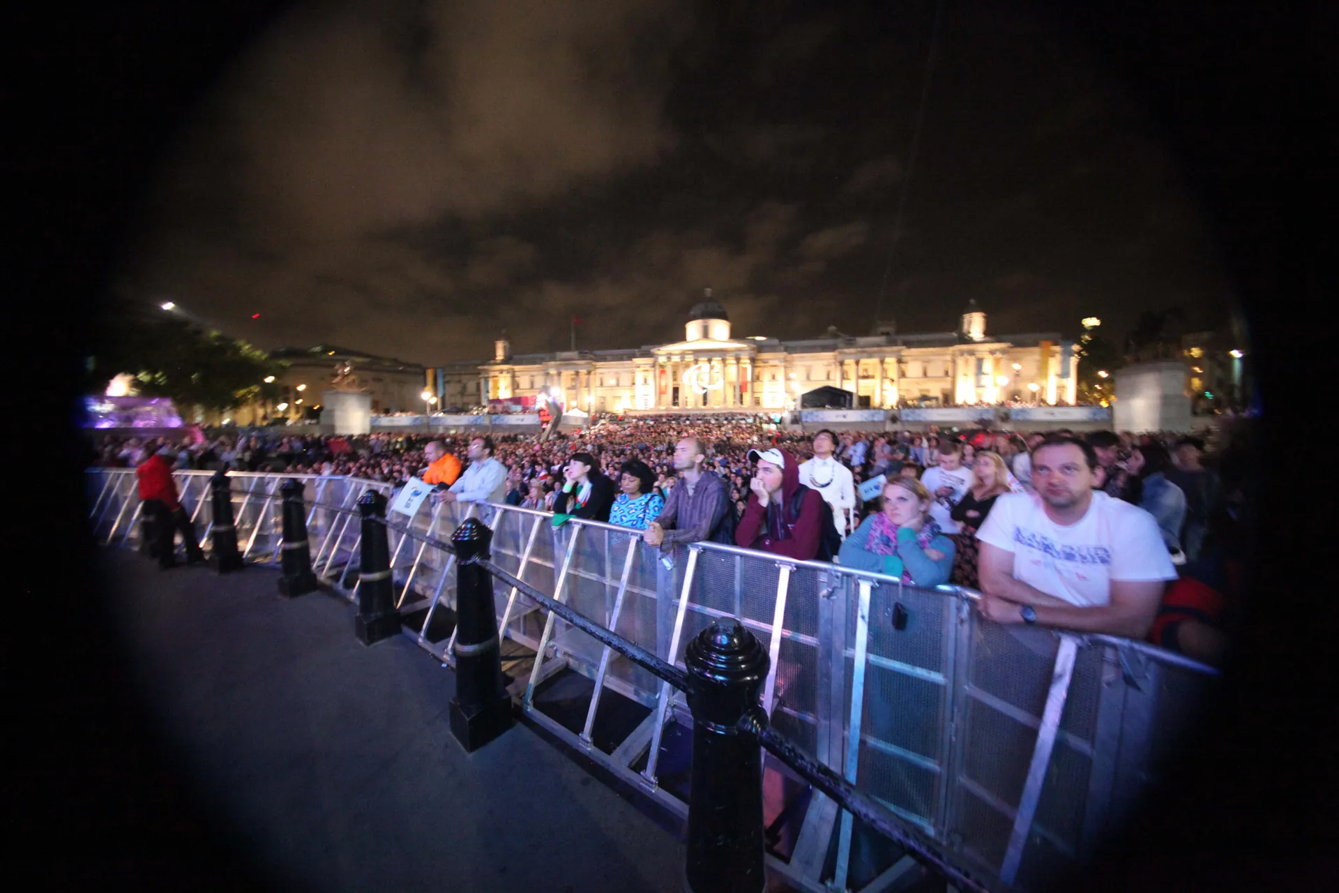 Crowd behind an aluminium Mojo Barrier line at BT London Live on Trafalgar Square, 2012